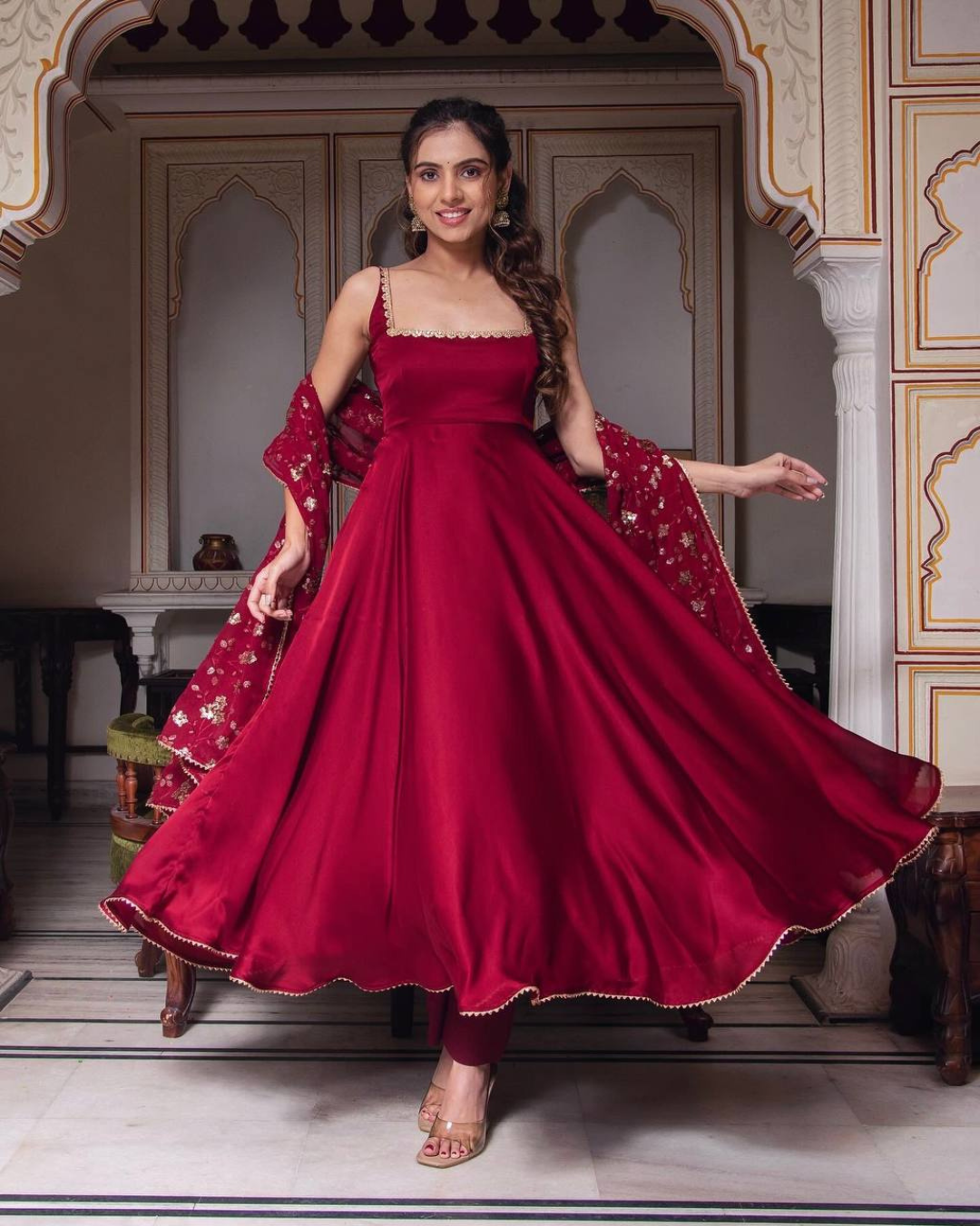 Crimson Bloom Anarkali Gown