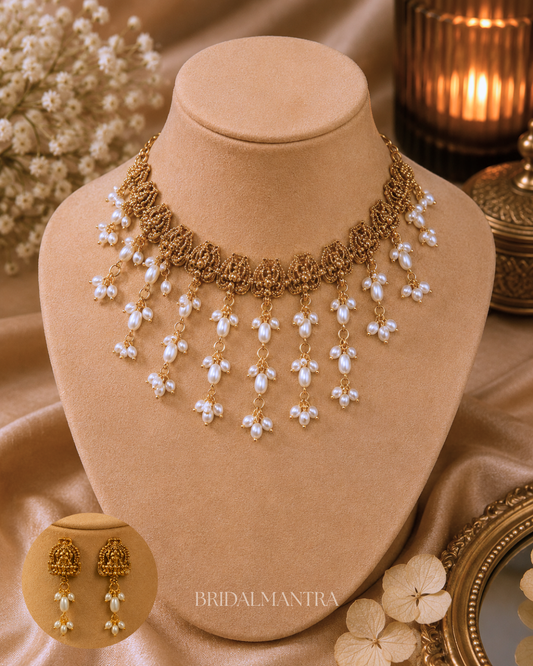 Golden Granule Pearl Waterfall Necklace Set