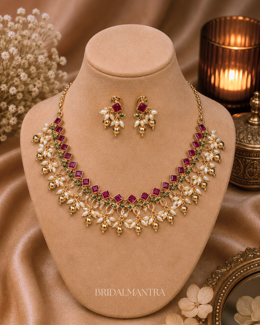 Ruby Pearl Cascade Necklace Set