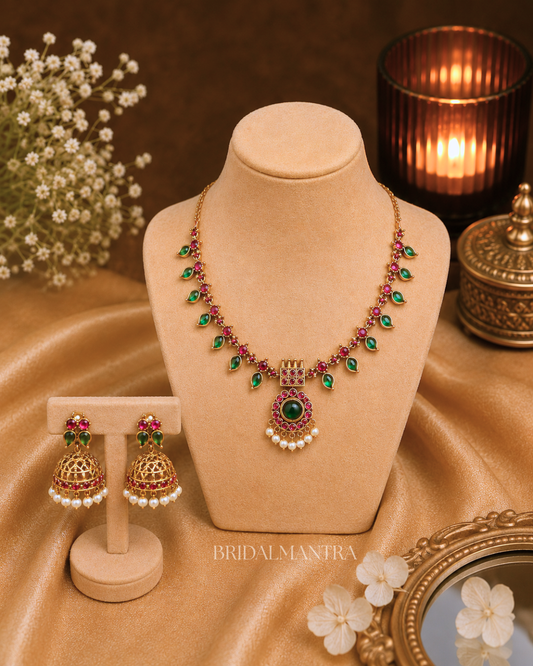 Regal Ruby Emerald Pendant Necklace Set