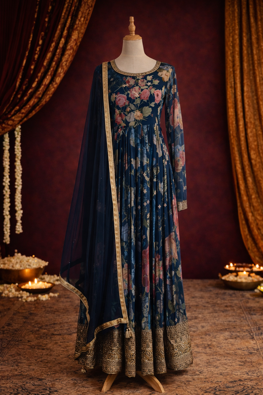 Navy Floral Anarkali Set